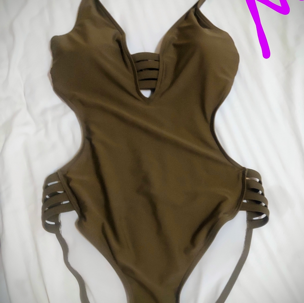 Sexy olive green side cutout one piece Swimsuit Size M